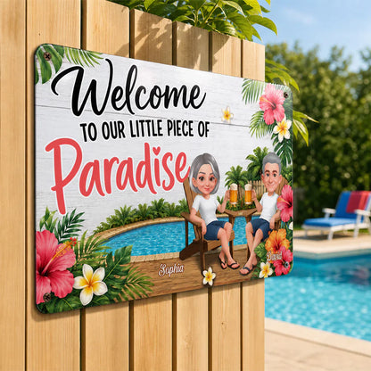 Personalized Rectangular Iron Sign with Sitting Couple, Tropical Pool Welcome Decor, Unique Gift for Couples