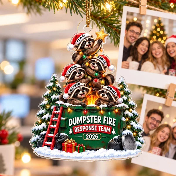 Personalized Acrylic Ornament, Raccoon Squad Around a Dumpster Fire, Unique Christmas Gift for Friends