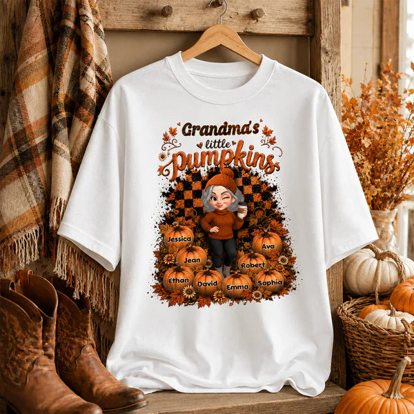 Personalized Classic Tee, Cartoon Grandma With Coffee, Fall Pumpkin Patch, Unique Creative Gift For Grandma