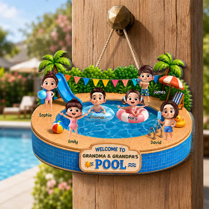 Personalized Wooden Sign with Kids Playing at Pool, Unique Gift for Grandparents, Tropical Door Decor