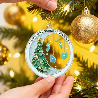 Personalized Acrylic Ornament with Family Map Charms and Christmas Tree, Unique Gift for Long-Distance Family