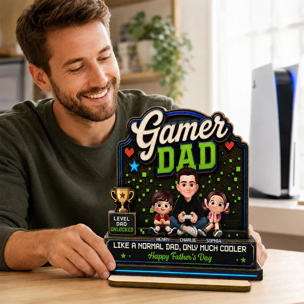 Personalized 2-Layer Wooden Plaque For Gamer Dad, Sitting Dad & Kids, Creative Father's Day Gift