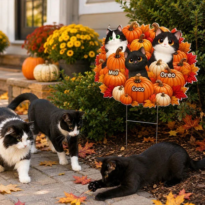 Personalized Shaped Yard Sign with Cartoon Cats and Orange Pumpkins, Unique Autumn Gift for Cat Lovers