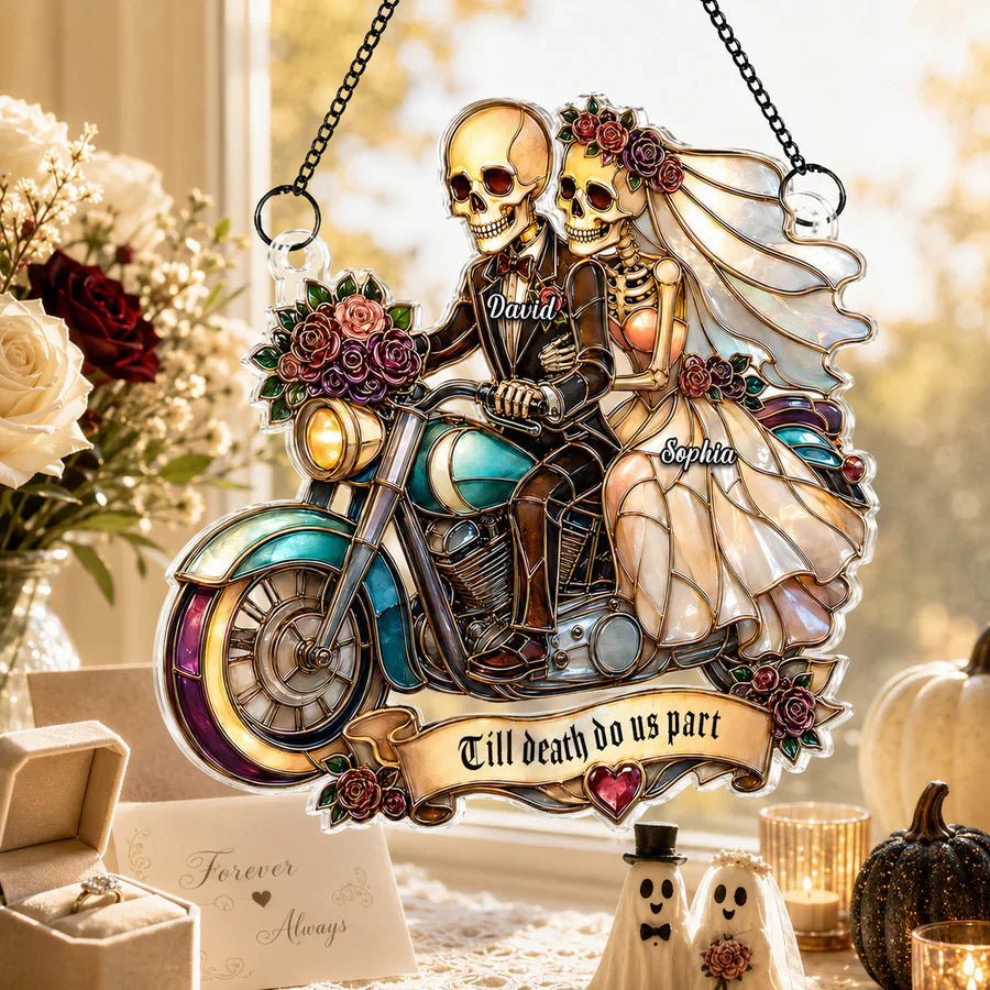 Personalized Acrylic Suncatcher Ornament, Skeleton Newlyweds Riding Motorcycle, Unique Couple Gift