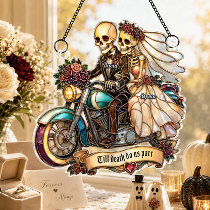 Personalized Acrylic Suncatcher Ornament, Skeleton Newlyweds Riding Motorcycle, Unique Couple Gift