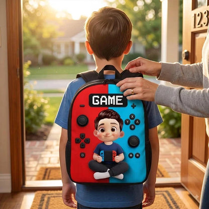 Personalized Kids School Backpack, Red and Blue Cartoon Gamer Boy Holding a Controller, Creative Gift for Young Gamers