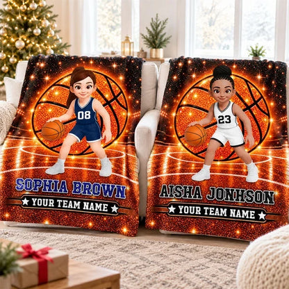 Personalized Fleece Blanket, Cartoon Basketball Girl Dribbling on Sparkling Court, Unique Gift for Daughter