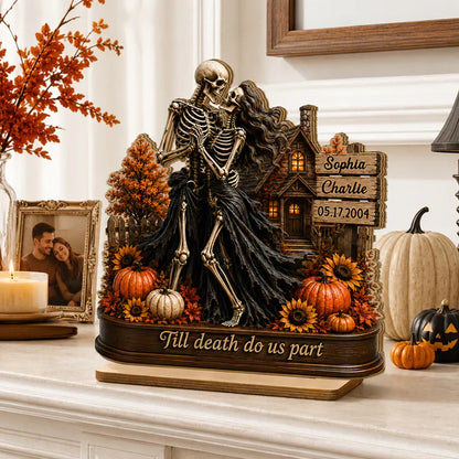 Personalized 2-Layer Wooden Plaque, Fall Skeleton Couple Scene, Unique Halloween Gift for Couple