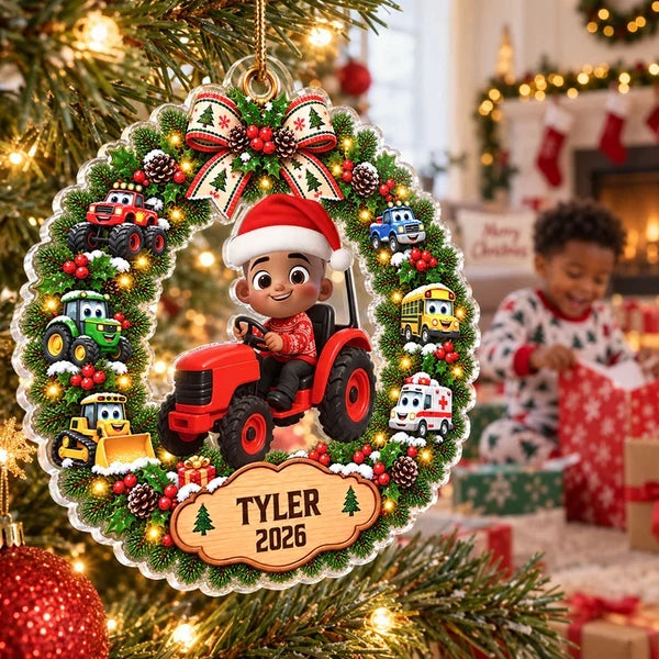 Personalized Acrylic Ornament With Boy on Excavator and Colorful Christmas Wreath, Unique Gift for Grandson