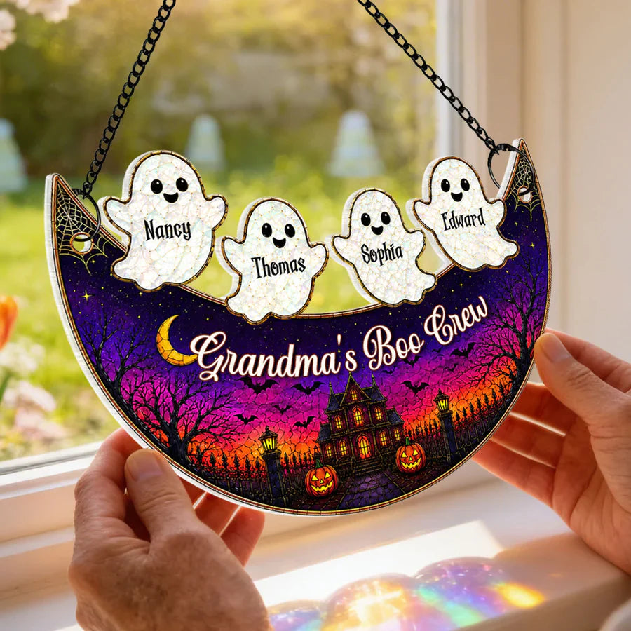 Personalized Acrylic Suncatcher Ornament for Grandma, Moon Boo Crew Halloween Window Decor, Unique Gift