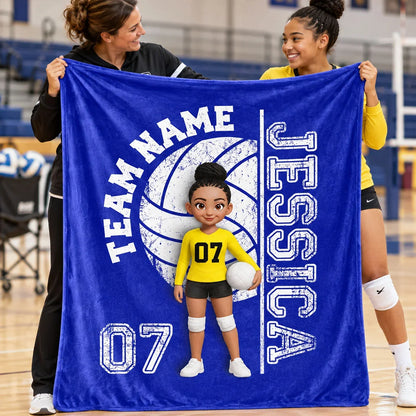 Personalized Volleyball Fleece Blanket, Black and Red Cartoon Player Holding a Ball, Unique Gift for Daughter