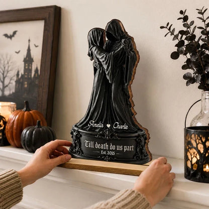 Personalized Wooden Plaque, Dancing Grim Couple in Black Gothic Style, Halloween Decor, Unique Gift for Couples