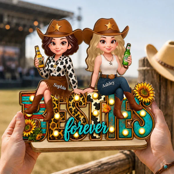 Personalized 2-Layer Wooden Plaque, Cowgirl Friends Holding Hands, Unique Gift for Close Friend