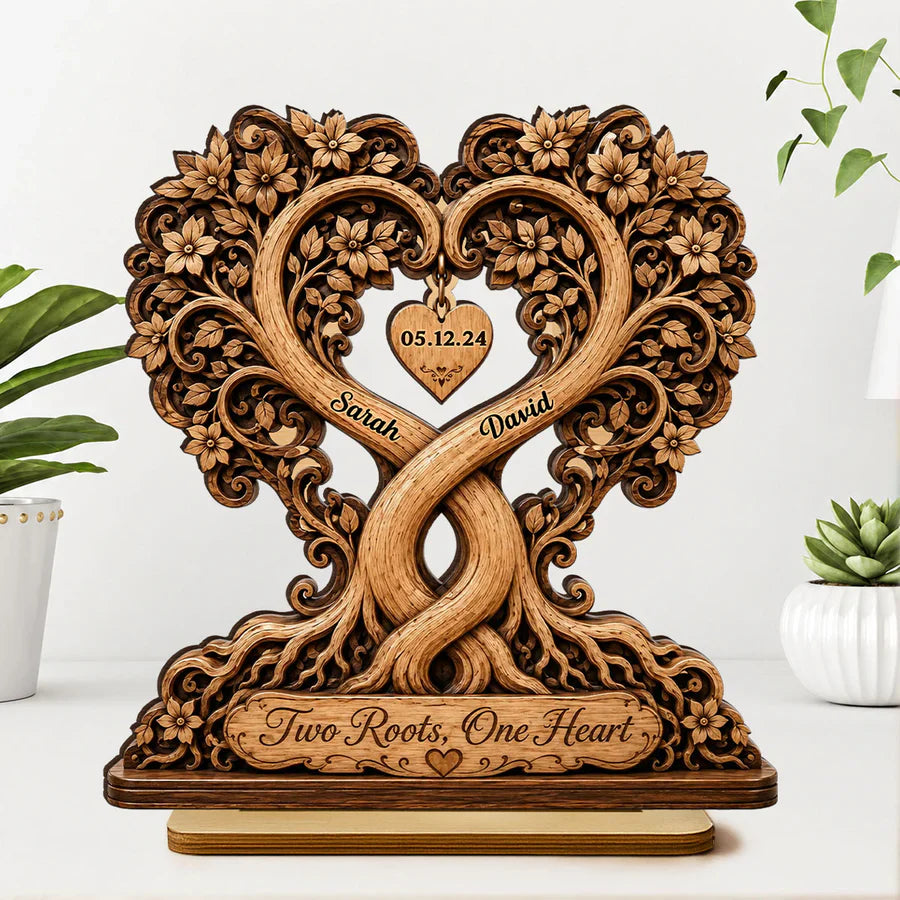Personalized 2-Layer Wooden Plaque, Two Roots One Heart Couple Keepsake, Unique Gift for Partners