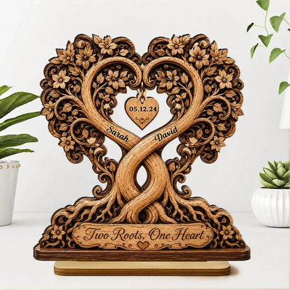 Personalized 2-Layer Wooden Plaque, Two Roots One Heart Couple Keepsake, Unique Gift for Partners