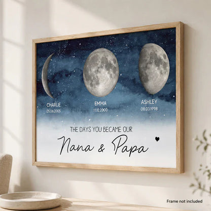Personalized Moon Phase Poster, Custom Grandparents Wall Art, Unique Gift for Nana & Papa
