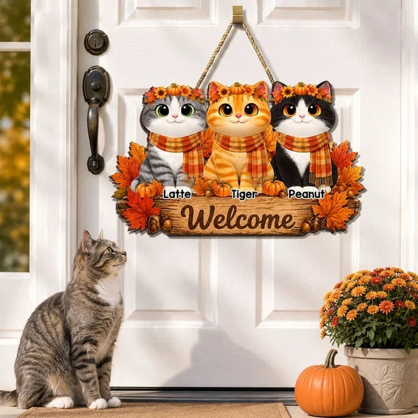 Personalized Wooden Sign, Cozy Cartoon Cats in Autumn Leaves, Creative Housewarming Gift for Cat Owners