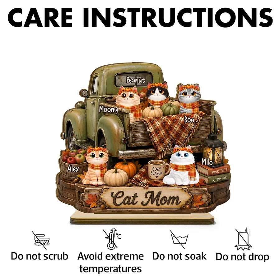 2-Layer Wooden Plaque, Personalized Cats by a Vintage Fall Truck, Heartfelt Creative Gift for Cat Lovers