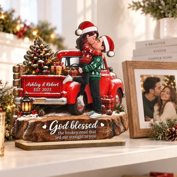 Personalized 2-Layer Wooden Plaque, Kissing Couple by a Red Truck, Unique Christmas Gift for Couples