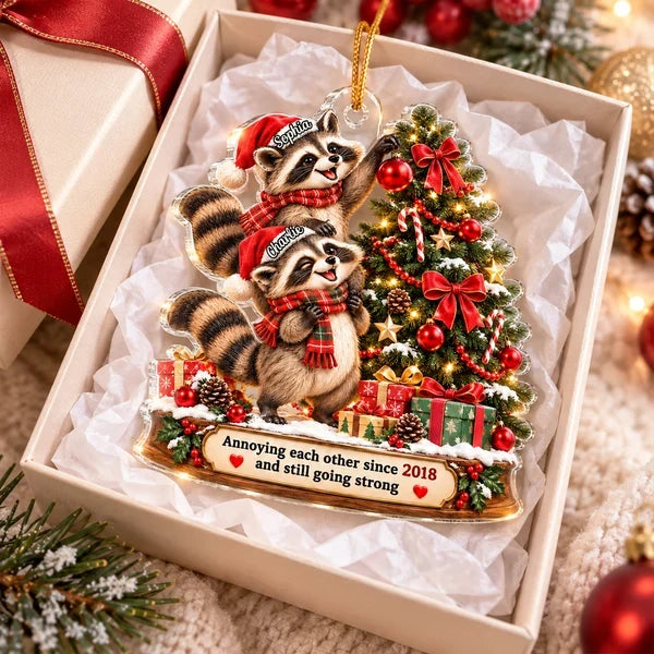 Personalized Acrylic Ornament, Funny Raccoon Couple Decorating a Christmas Tree, Unique Gift for Couples