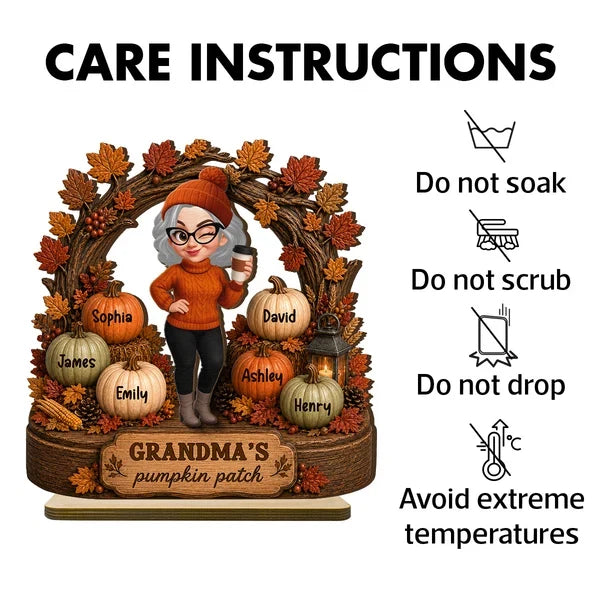 Personalized Wooden Plaque, Coffee-Holding Grandma in an Autumn Pumpkin Patch, Unique Family Gift