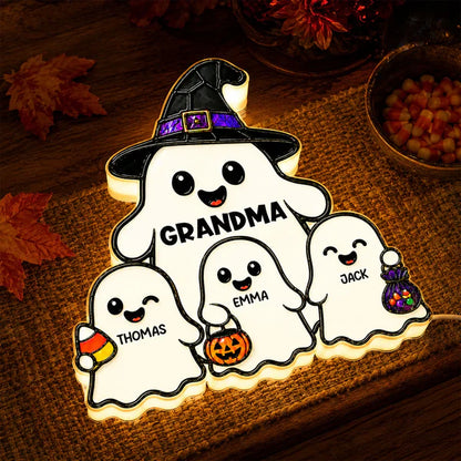 Personalized Acrylic Light Box, Cute Ghost Grandma Halloween Decor, Unique Gift With Warm Glow