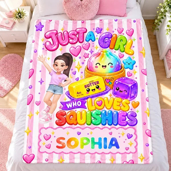 Personalized Fleece Blanket, Waving Girl with Rainbow Squishies, Unique Gift for Daughter