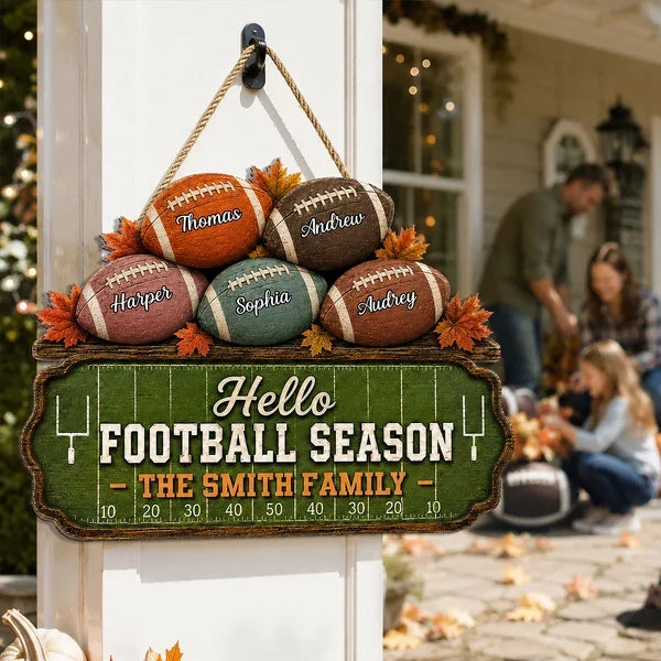 Personalized Wooden Sign, Rustic Football Family Decor with Autumn Leaves, Unique Gift for Sports Fans