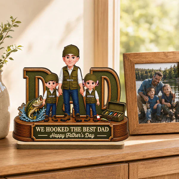 Personalized 2-Layer Wooden Plaque for Fishing Dad, Dad and Kids Holding Hands, Unique Father's Day Gift