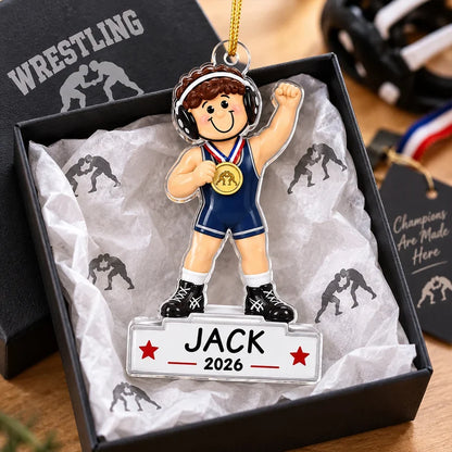 Personalized Acrylic Ornament, Cartoon Wrestling Champion on Christmas Tree, Unique Gift for Son
