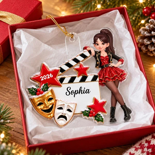 Personalized Acrylic Ornament, Theater Girl Leaning on Clapperboard, Unique Christmas Gift for Daughter
