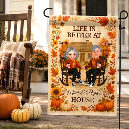 Personalized Garden Flag, Warm Autumn Family Welcome with Grandparents Holding Hands, Creative Gift for Family