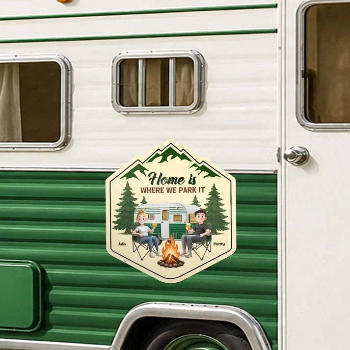 Home Is Where We Park It Sticker Decal, Personalized Couple at a Mountain Campfire, Creative Gift for Campers
