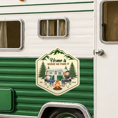 Home Is Where We Park It Sticker Decal, Personalized Couple at a Mountain Campfire, Creative Gift for Campers