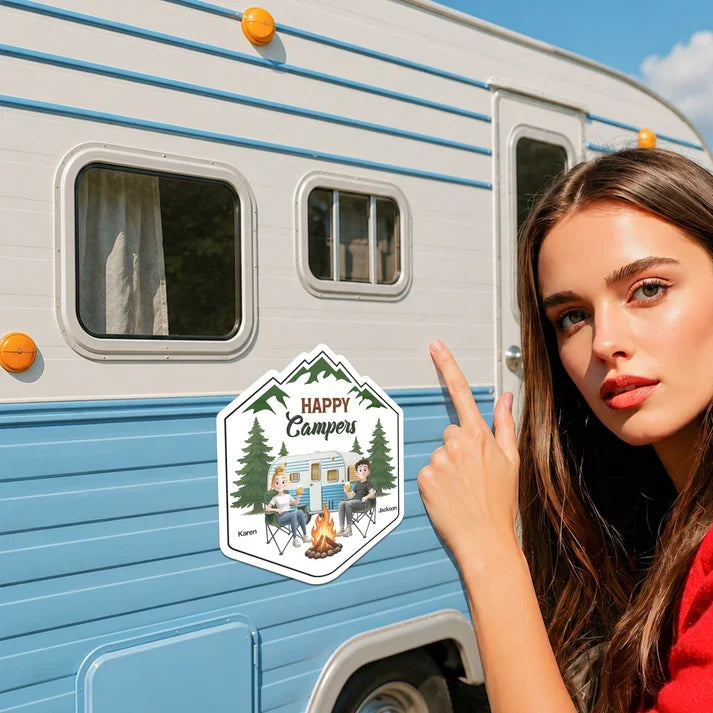 Home Is Where We Park It Sticker Decal, Personalized Couple at a Mountain Campfire, Creative Gift for Campers