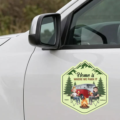 Home Is Where We Park It Sticker Decal, Personalized Couple at a Mountain Campfire, Creative Gift for Campers
