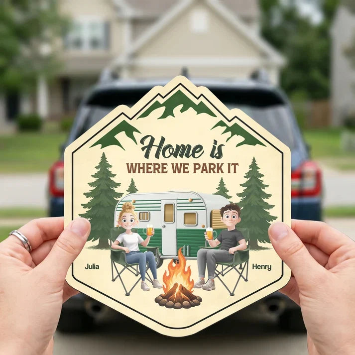 Home Is Where We Park It Sticker Decal, Personalized Couple at a Mountain Campfire, Creative Gift for Campers
