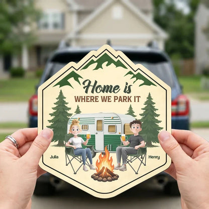 Home Is Where We Park It Sticker Decal, Personalized Couple at a Mountain Campfire, Creative Gift for Campers