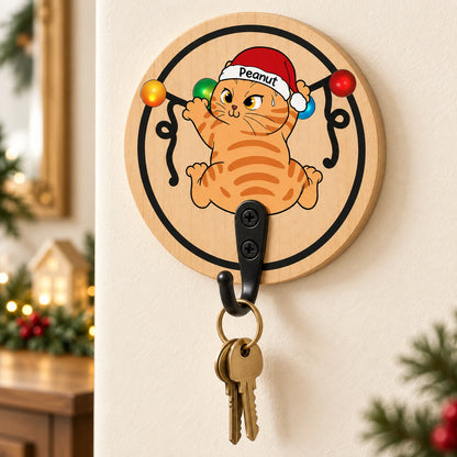 Personalized Christmas Cat Wooden Key Holder – Choose Your Cat Style & Name, Festive Gift for Cat Lovers