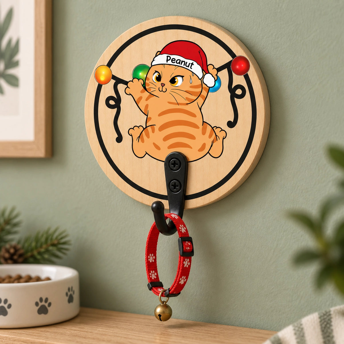 Personalized Christmas Cat Wooden Key Holder – Choose Your Cat Style & Name, Festive Gift for Cat Lovers
