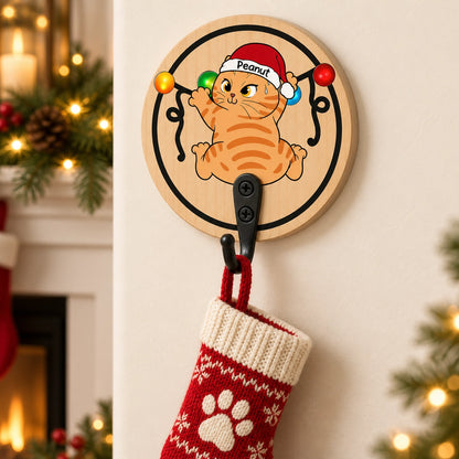 Personalized Christmas Cat Wooden Key Holder – Choose Your Cat Style & Name, Festive Gift for Cat Lovers