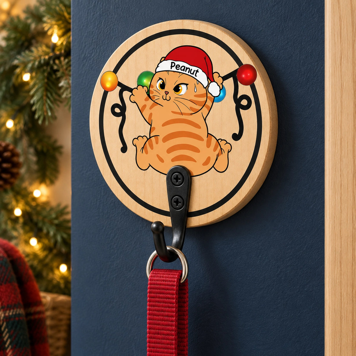 Personalized Christmas Cat Wooden Key Holder – Choose Your Cat Style & Name, Festive Gift for Cat Lovers