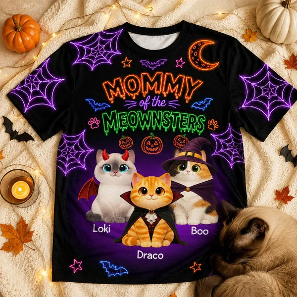 Personalized Printed Classic Tee, Neon Halloween Cats in Costumes, Unique Gift for Cat Mom