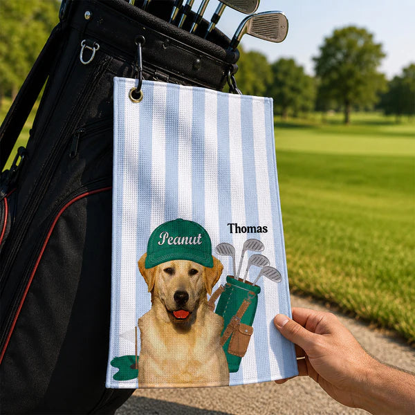 Personalized Waffle Weave Golf Towel With Dog Caddy Art, Unique Golf Course Gift For Dad