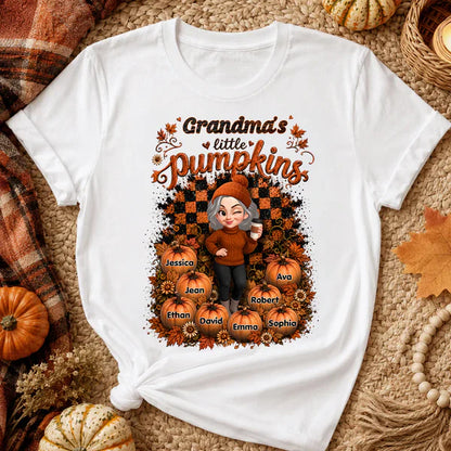 Personalized Classic Tee, Cartoon Grandma With Coffee, Fall Pumpkin Patch, Unique Creative Gift For Grandma