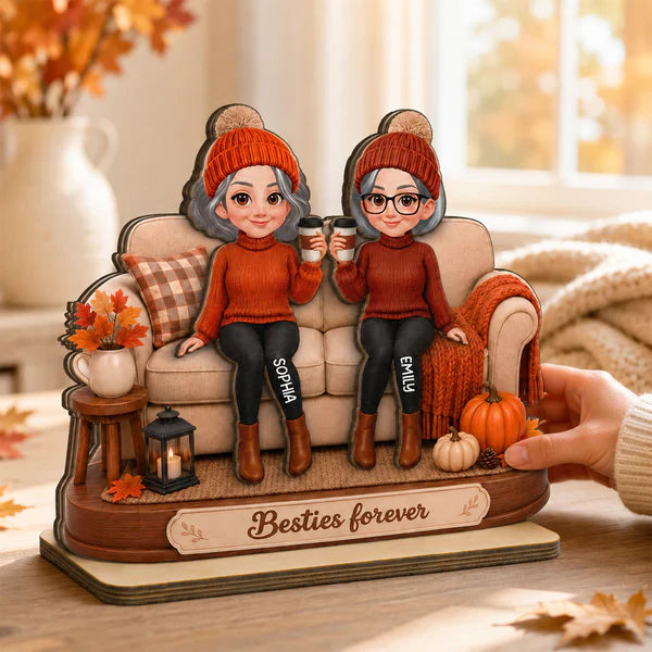 Personalized 2-Layer Wooden Plaque, Coffee Friends on Sofa, Unique Creative Gift for Close Friend