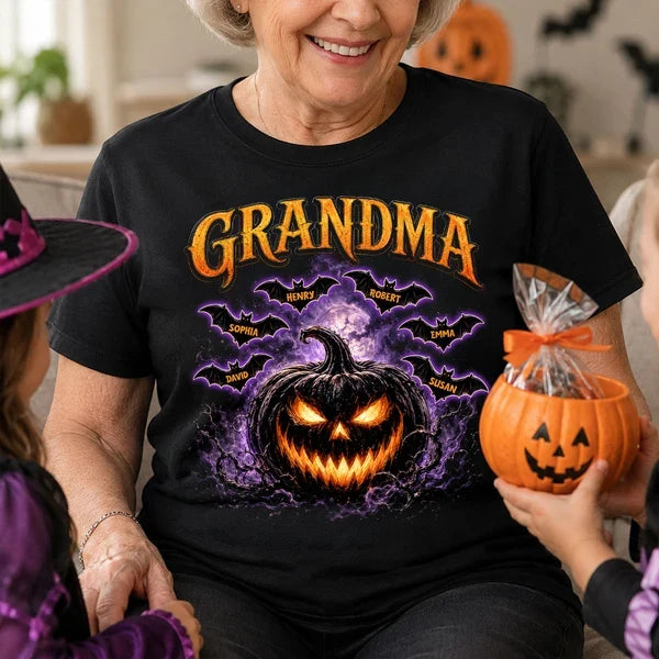 Personalized Grandma Classic Tee with Orange Jack O Lantern and Bats, Unique Halloween Gift