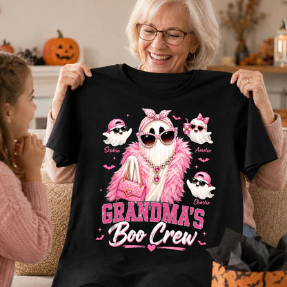 Personalized Classic Tee With Glam Ghost Grandma's Boo Crew, Unique Halloween Gift for Grandma