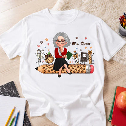 Personalized Teacher Classic Tee, Leopard Pencil & School Supplies, Unique Gift for Back to School