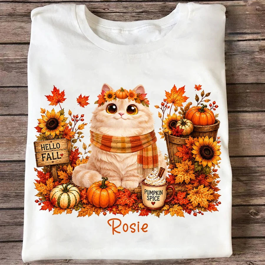Hello Fall Personalized Cat Sweatshirt, Warm Autumn Cat Scene, Creative Gift for Cat Moms and Friends